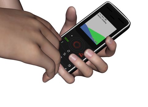 3D digital render of man's hand dialing a cell phone isolated on white background
