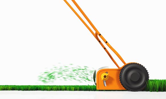 a side view of an orange push lawn mower in movement that is cutting the grass along a straight strip of green lawn on a white background