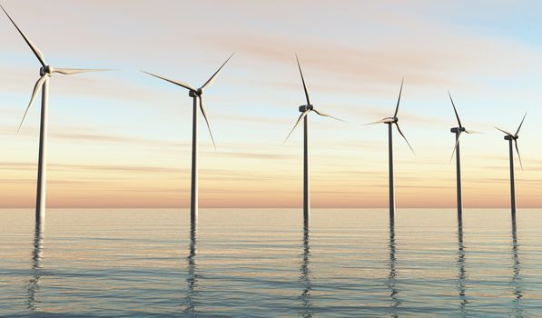 view of a row of a six white wind generators placed on a calm sea, with a orange sky because of the sunset on the background