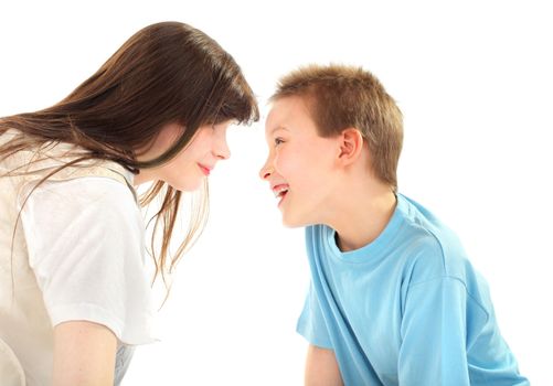 happy brother and sister laughing isolated on the white