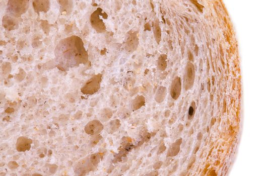 macro shoot of a brown bread crust texture close up on white background