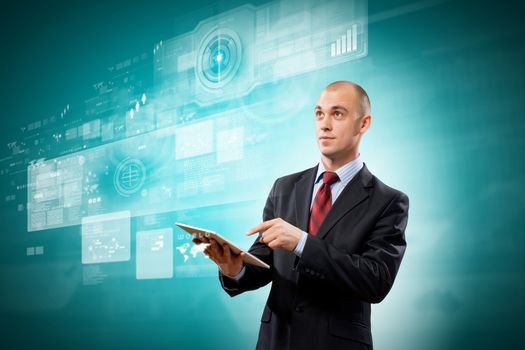 Image of businessman with tablet pc against media background