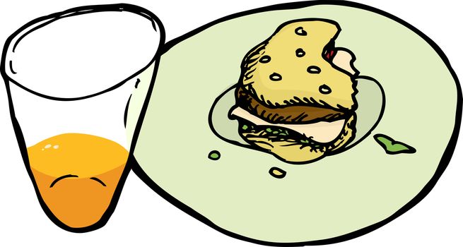 Plate with part of burger and glass with juice