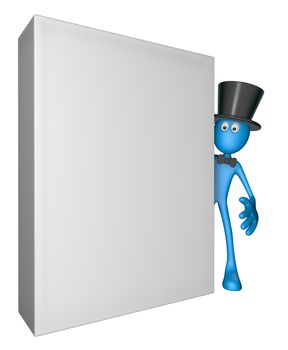 blue guy with topper and blank box - 3d illustration