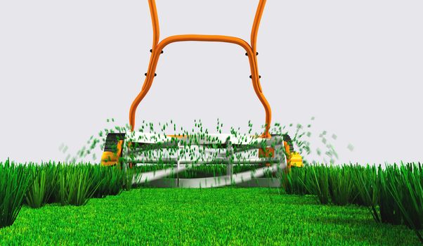 a back bottom view of an orange push lawn mower in movement that is cutting the grass along a straight strip of green lawn on a white background