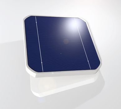 closeup of a tilted and suspended solar cell that has the sun reflected on its top right corner, on a white background