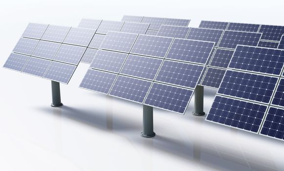 a row of a solar panels all the same oriented and fixed to the ground by metal pile, in a bright day on a white background