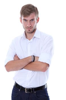 Portrait of a young man standing against white background