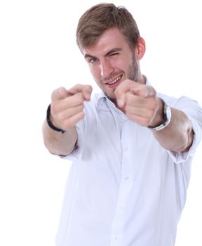 Portrait of a young man standing against white background