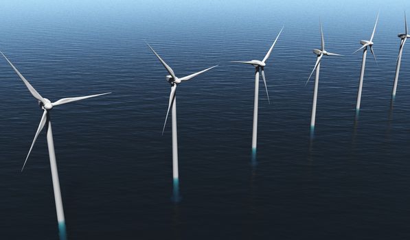 view of a row of a six white wind generators placed on a calm, blue and transparent sea on a sunny day