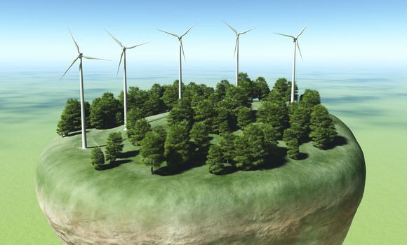 view of a top portion of a rocky and circular terrain where are placed a row of wind generators on top of a grassy hill in the middle of some trees, all on a green ground and a blue sky