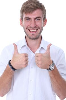 Portrait of a young man standing against white background