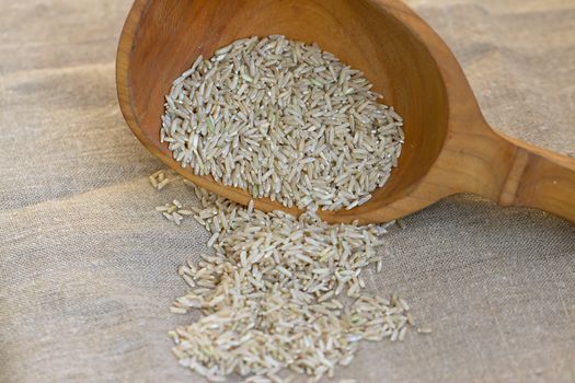 Raw brown rice and wooden spoon