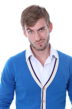 Portrait of a young man standing against white background