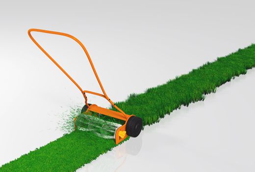 an orange push lawn mower is cutting the grass along a straight strip of green lawn on a white background