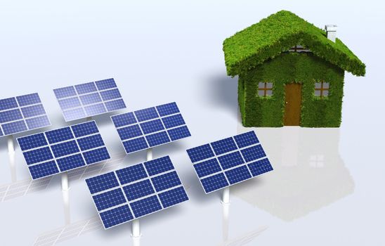 a small house covered by grass on the walls and on the roof, has on the left some solar panels placed on the ground, on a white background