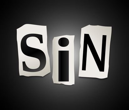 Illustration depicting a set of cut out letters formed to arrange the word sin.