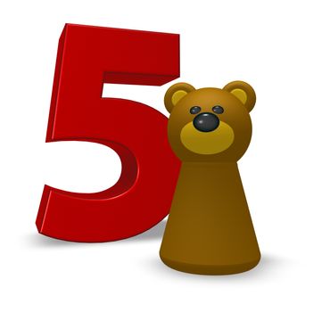 number five and brown bear - 3d illustration