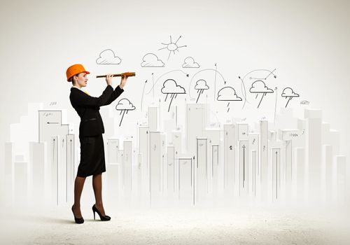 Image of young woman looking into tube. Construction concept