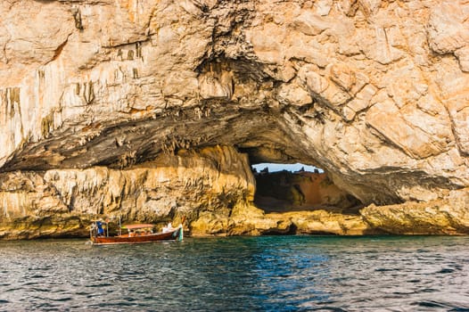 Boats at sea against the rocks in Thailand. Phi Phi Island