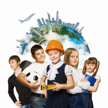 Image of kids of school age. Choosing profession. Elements of this image are furnished by NASA