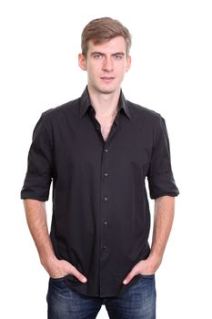 Portrait of a young man standing against white background