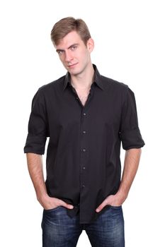 Portrait of a young man standing against white background