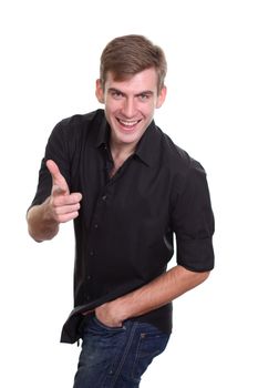 Portrait of a young man standing against white background