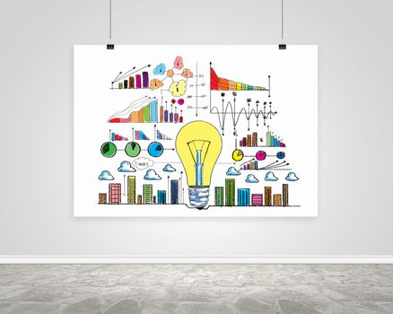 Hanging banner with business plan, graphics and diagrams