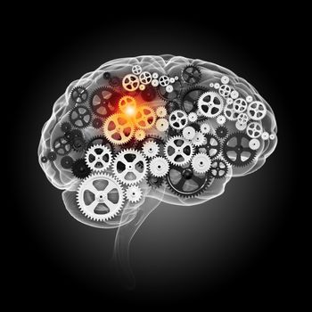 Human brain silhouette with gears and cog wheel elements against black background