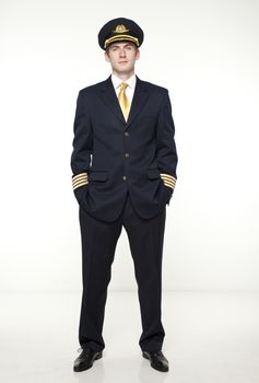 Portrait of a young man in the form of a passenger plane pilot