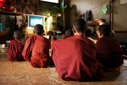 Group of Southeast Asian young little Buddhist monks enjoying tv show, Inle, Myanmar