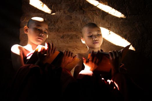 Two Southeast Asian little monks reading book inside monastery, beautiful natural light shining thru.