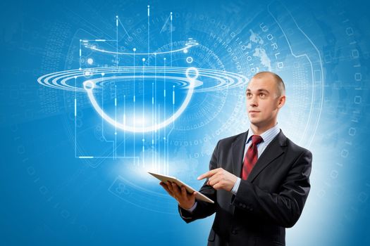 Image of businessman with tablet pc against media background