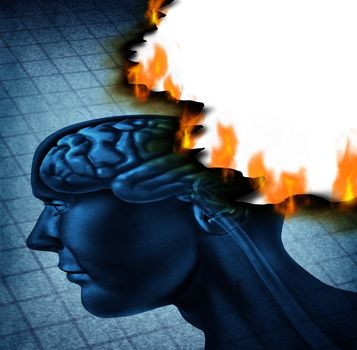 Brain disease and burn out icon as a medical neurology and health care symbol with a picture of a human head being burnt with fire flames as a concept of  alzheimer and dementia illness.