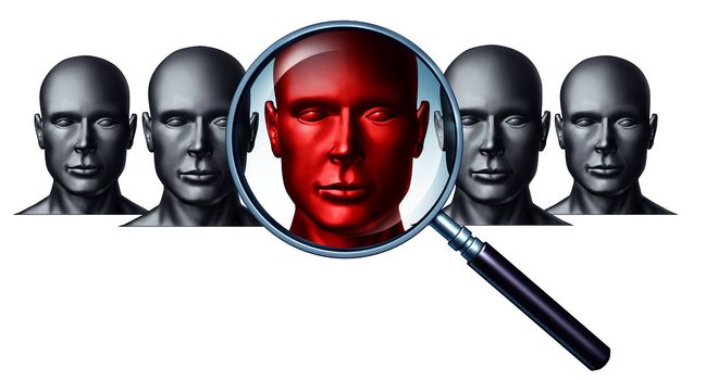 Employment and career concept with human head icons and a red businessman character in a magnifying glass as a symbol of recruitment and occupation discovery.