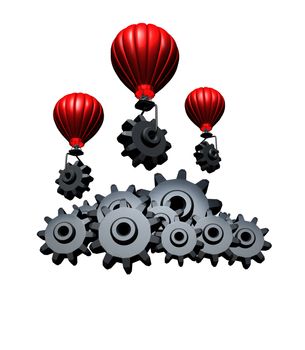 Cloud computing concept and wireless technology business symbol building an internet mobile network with red hot air balloons transporting gears and cogs creating data server clouds isolated on a white background.