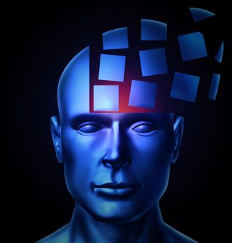 Learn and lead education and leadership concept with a human head being segmented into cubic shapes and spreading outward as a symbol of business training success on a glowing black background.