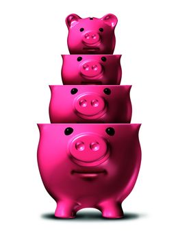 Savings loss and shrinking financial wealth and home finances with piggy banks shrinking in size as a symbol of debt and recession and losing money on a white background.
