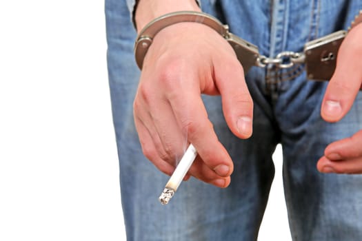 Man in Handcuffs with Cigarette Closeup Isolated on the White Background