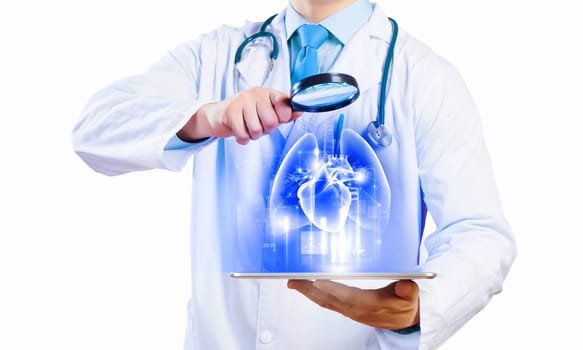 Close up of doctor's body holding tablet pc with media illustration