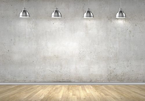 Empty room with blank wall and lamps at ceiling