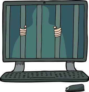 Cartoon of unknown person behind bars on computer screen