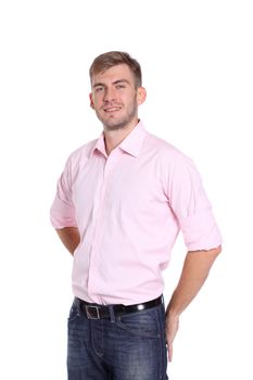 Portrait of a young man standing against white background