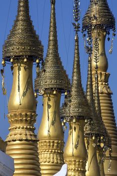 Some of the 1054 stupa in the Shwe Inn Thein Paya temple complex at Ithein (also Indein) near Inle Lake in Shan State in central Myanmar (Burma).