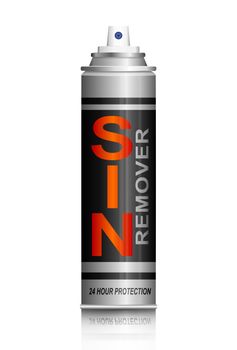 Illustration depicting an aerosol spray can with a sin remover concept.