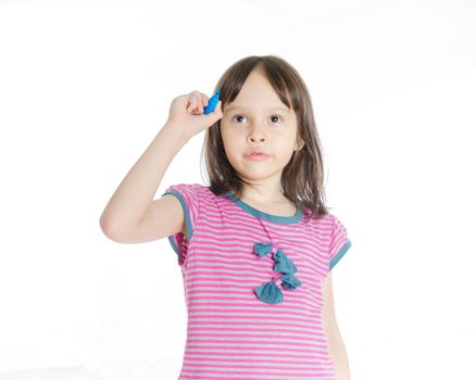 Asian girl with blue marker writing on imaginary board