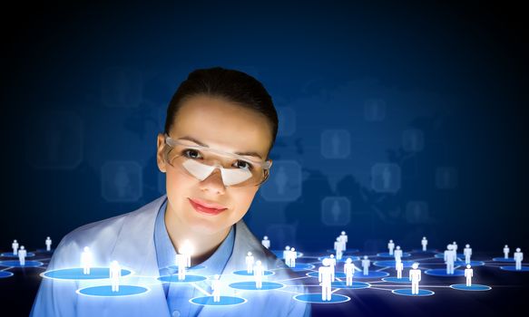 Image of young woman scientist in goggles against media screen. Net communication