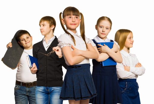 Group of pupils holding items. Education and travel concept