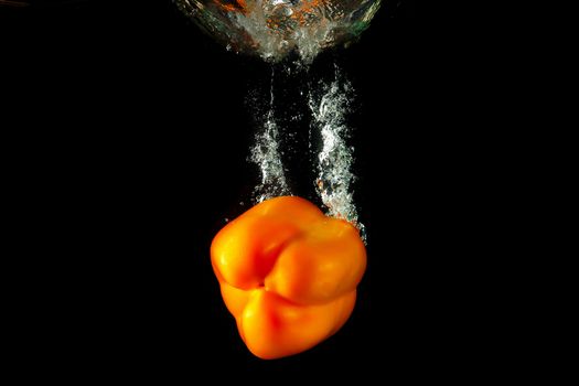 Colored orange paprika in water splashes on black background